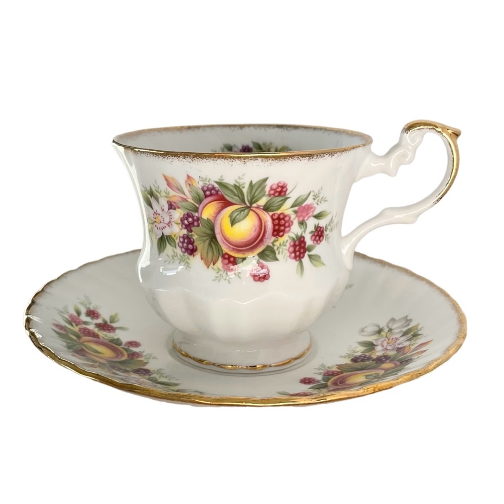 Vintage Queens Rosina Tea Cup and Saucer Fruits Pattern Teacup England 1940s
